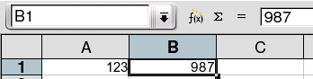 La fenestro montras '123' en A1 kaj '987' en B1.